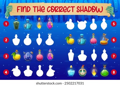 Halloween kids game. Find a correct shadow of potion bottles puzzle quiz. Vector worksheet of children education activity with witch magic potion glass bottles, alchemy elixir flasks and poison jars