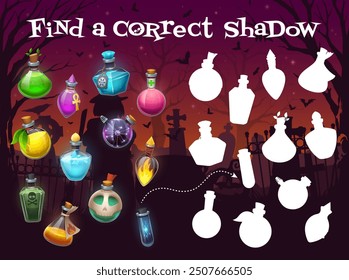 Halloween kids game, find correct shadow of magic potion bottle, vector puzzle worksheet. Find and match same silhouettes of witch poison, liquid spell or magic elixir in bottles in Halloween cemetery