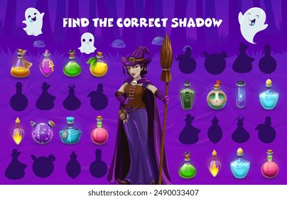 Halloween kids game. Help to witch find a correct potion bottles shadow. Silhouette find, shadow match kids game vector worksheet with witch and ghost cartoon characters, Halloween magic spell bottles