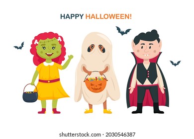 Halloween kids. Group of children characters in halloween costumes. Halloween party outfits collection. Vector cartoon illustration.	