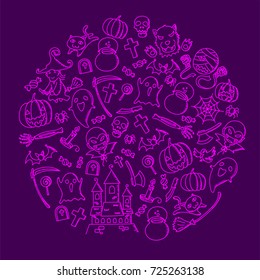 Halloween kids hand drawing set pattern background circle shape illustration isolated on purple color background