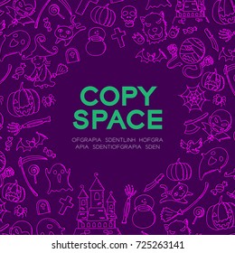 Halloween kids hand drawing set pattern background circle shape illustration isolated on purple color background, with center copy space circle shape