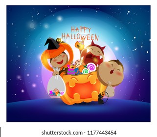 halloween kids having fun and happy pumpkin laughing party candy trick or treat party decoration,invitation card for holidays moon,bat,cartoon