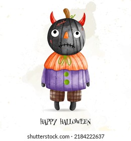 Halloween kids with a large pumpkin on head. Happy Halloween, watercolor vector illustration
