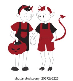 Halloween kids. Lovely boy and imp are holding hands. The boy has a pumpkin basket for sweets. Vector stock illustration isolated on white background.