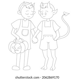 Halloween kids. Lovely boy and imp are holding hands. The boy has a pumpkin basket for sweets. Doodle style. Vector stock illustration isolated on white background.