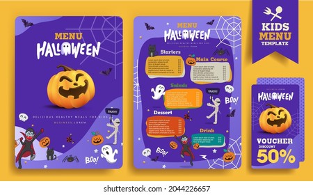 Halloween Kids Menu Template Design With Cute Cartoon Halloween Characters