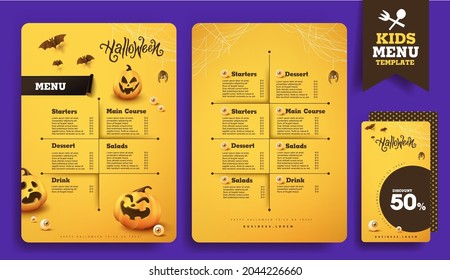 Halloween kids menu template design with Cute cartoon halloween characters