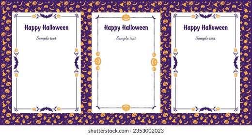 Halloween kids menu template design with Cute cartoon halloween characters. Happy Halloween banner or party invitation background. Place for text. Good for Halloween, Dia de Muertos holiday decoration