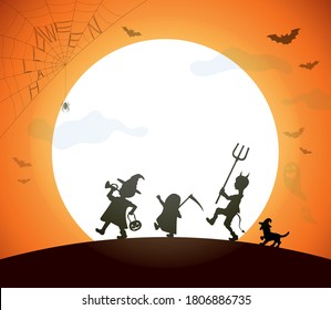 Halloween kids parade on the night of the full moon background