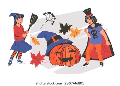 Halloween kids party banner, flat vector illustration isolated on white background. Children in Halloween carnival costumes with Jack pumpkin lantern.