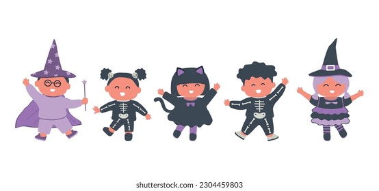 Halloween kids party. Children in halloween costumes: witch, cat, wizard, skeleton. Kids dance. Vector illustration