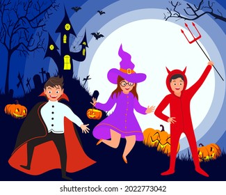 Halloween kids party costume. A group of children in a Halloween costume on the background of a castle and pumpkins. In the moonlight. Blue background.