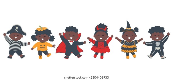 Halloween kids party. Cute black children dance in halloween costumes. Witch, pirate, pumpkin, vampire, imp and skeleton in the image. Vector illustration