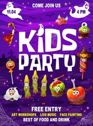 Halloween Kids Party Flyer. Cartoon Halloween Candy Characters Vector Poster Of Horror Holiday Trick Or Treat Party, Pumpkin, Witch And Ghost Lollipops, Finger Cookies, Zombie And Angel Cakes