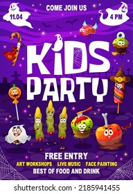 Halloween kids party flyer. Cartoon Halloween candy characters vector poster of horror holiday trick or treat party, pumpkin, witch and ghost lollipops, finger cookies, zombie and angel cakes