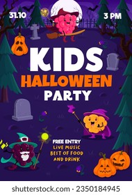 Halloween kids party flyer. Cartoon berry wizards and mages at night cemetery. Vector invitation poster with cute raspberry on broom, cloudberry and blackberry casting spell at dark creepy graveyard