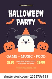 Halloween kids party flyer design template retro promo poster vector flat illustration. Fun childish creepy holiday brochure invitation music night club event with sorcerer pumpkins and place for text