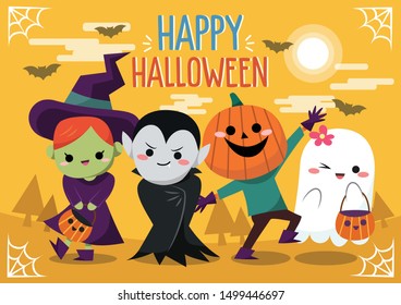 Halloween Kids Party. Group of vampire,witch, ghost, jack o lantern in the moonlight. Yellow background.