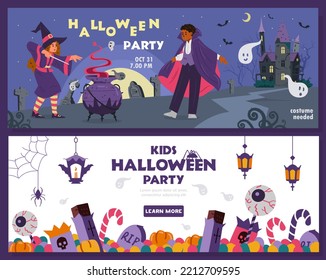 Halloween kids party invitation flyers vector set. Children in costumes, Halloween decorations illustrations.