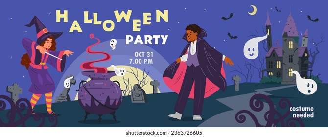 Halloween kids party invitation vector banner. Night landscape with creepy old castle and children in Halloween costumes.