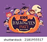 Halloween kids party. October festival poster. Funny boys and girls. Holiday horror costumes. Smiling pumpkin with invitation text. Cute children in monster outfits