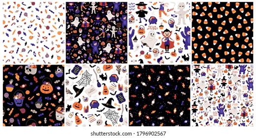 Halloween kids party seamless patterns set. Children in costumes. Vector illustration of characters, lettering, candies and elements in cartoon hand drawn style. Ideal for fabric printing, packaging.