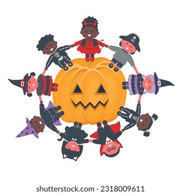 Halloween kids party template. Children in Halloween costumes around halloween pumpkin. Multicultural group of children holding hands. Happy baby girls and baby boys stand in circle of pumpkin. Vector