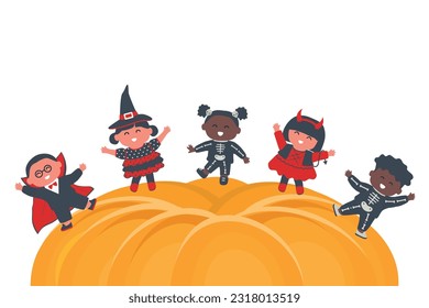 Halloween kids party template. Children in Halloween costumes dance on holiday pumpkin. Diverse group of kids have fun. Happy baby girls and baby boys. Vector illustration