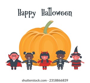 Halloween kids party template. Children in Halloween costumes stand on pumpkin background. Multicultural group of children holding hands. Happy baby girls and baby boys. Vector illustration