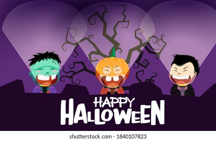 Halloween-Kinder feiern Vektorhintergrund-Design. Fröhlicher halloween Text mit süßen, beängstigenden Figuren wie Kürbis, Zombie und Vampire, die Taschenlampe halten für Trick oder Kostümfest feiern.