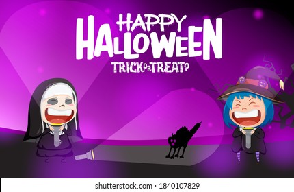 Halloween kids party vector background design. Happy halloween text with kid costume horror characters like witch, nun and cat silhouette for trick or treat party. Vector illustration.
