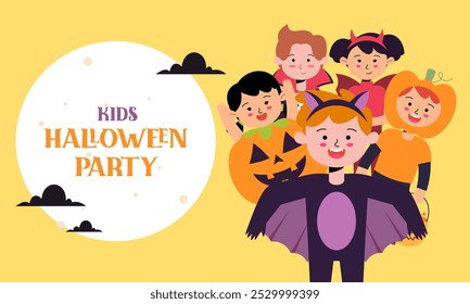 Anuncio de bienvenida de Halloween Kids Party. Niños y niñas lindos usan Halloween Horror y Monster Costume Ilustración