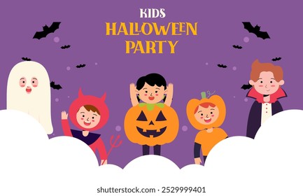 Anuncio de bienvenida de Halloween Kids Party. Niños y niñas lindos usan Halloween Horror y Monster Costume Ilustración