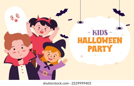 Anuncio de bienvenida de Halloween Kids Party. Niños y niñas lindos usan Halloween Horror y Monster Costume Ilustración