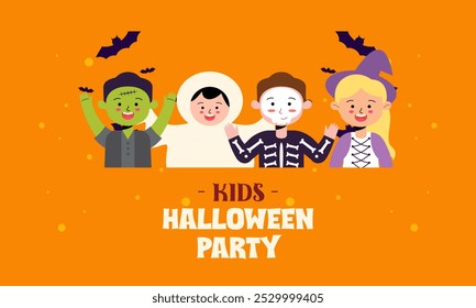 Anuncio de bienvenida de Halloween Kids Party. Niños y niñas lindos usan Halloween Horror y Monster Costume Ilustración