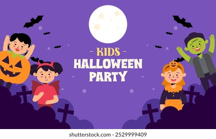 Anuncio de bienvenida de Halloween Kids Party. Niños y niñas lindos usan Halloween Horror y Monster Costume Ilustración