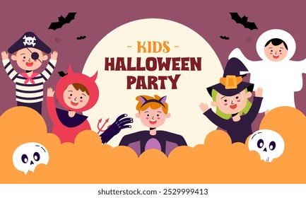 Anuncio de bienvenida de Halloween Kids Party. Niños y niñas lindos usan Halloween Horror y Monster Costume Ilustración