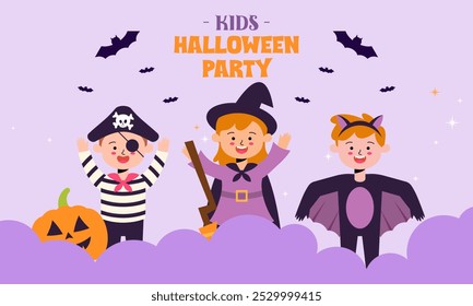 Anuncio de bienvenida de Halloween Kids Party. Niños y niñas lindos usan Halloween Horror y Monster Costume Ilustración