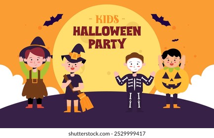 Halloween Kids Party Welcome Banner. Cute Boys and Girls Wear Halloween Horror and Monster Costume Illustration