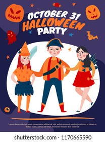 Halloween kids poster with editable text and flat human characters of children in mystical costumes vector illustration