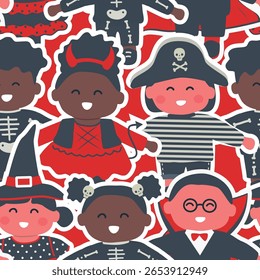 Halloween Kids Seamless Pattern. Halloween Background. Party Decoration Template. Children in Halloween costumes. Happy Girls, Happy Boys. Crowd. Vector illustration in Red, Black, White