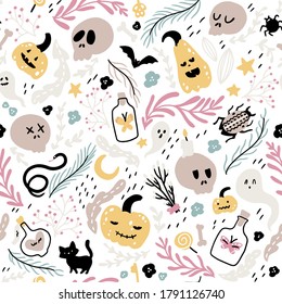 Halloween kids seamless pattern. Childish vector illustration of a cat, skulls, pumpkins and other evil elements in a cartoon hand-drawn style. Ideal for fabric printing, packaging.