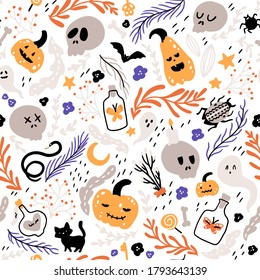 Halloween kids seamless pattern. Childish vector illustration of a cat, skulls, pumpkins and other evil elements in a cartoon hand-drawn style. Ideal for fabric printing, packaging.