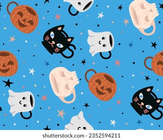 Halloween kids seamless pattern. Skeleton and pumpkin mugs and cups on blue background for autumn holiday designs and textile