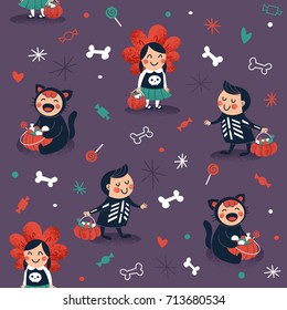 Halloween kids seamless pattern. Trick or treat background. Vector illustration