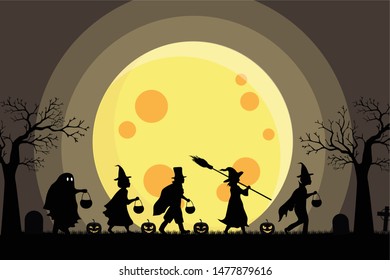 Halloween kids silhouette costume party and big moon background