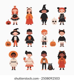 Halloween kids spooky clipart set, vector cartoon trick or treat characters scary abstract childish illustrations