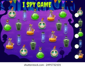 Halloween kids I spy game with witch magic potion bottles, vector puzzle worksheet. Find and match correct object picture of witch potion and magic spell elixir or poison bottles in Halloween forest