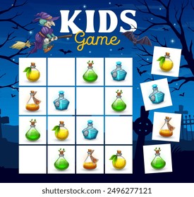 Halloween kids sudoku game with flying witch and potion bottles. Kids intelligence riddle, logic game vector worksheet with bat, flying on broom witch characters, magic potions and cemetery background